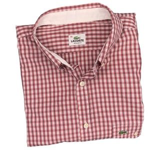Lacoste men’s shirt cotton with iconic logo XL in red +ivory check button collar